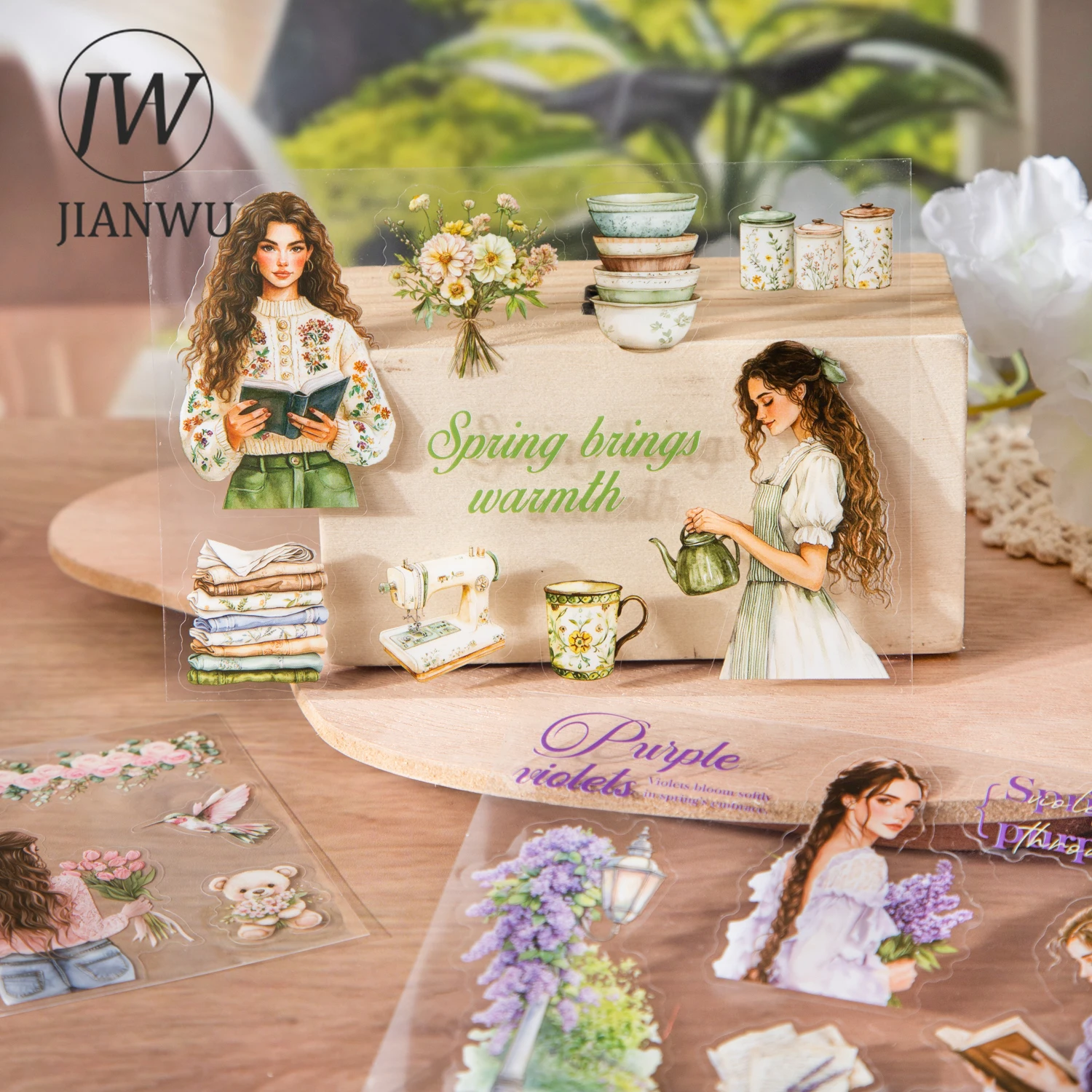 

JIANWU The Color of Spring Series Vintage Flower Character Landscape Material Collage PET Sticker Creative Journal Stationery