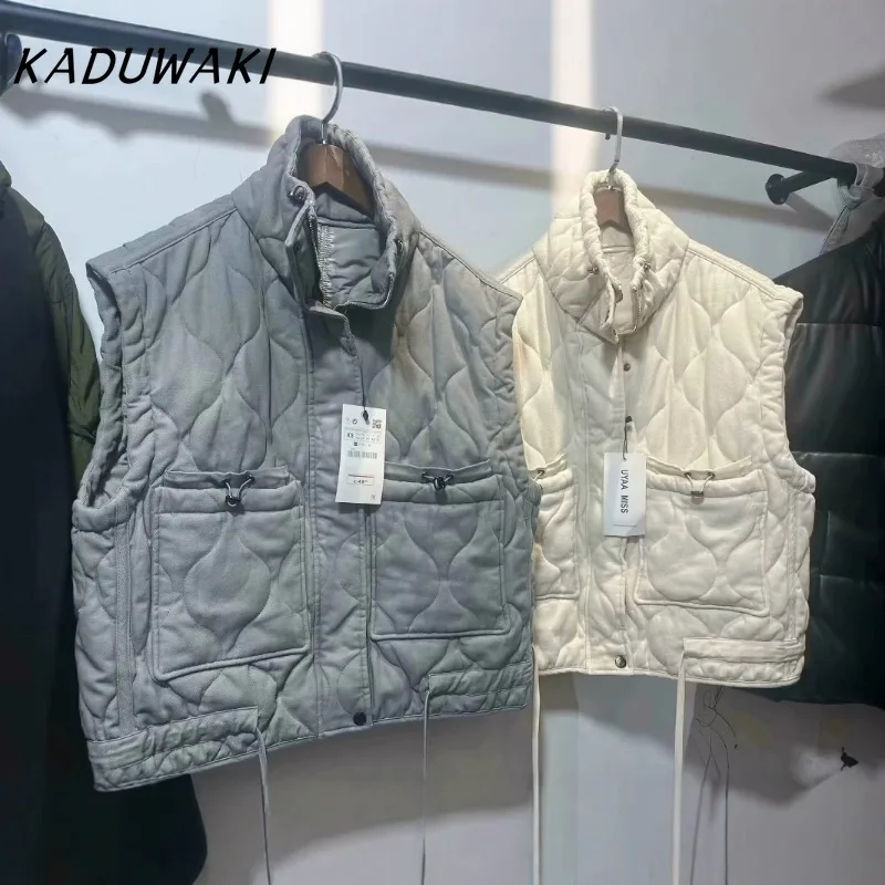 

KADUWAKI American Retro Women Pocket Cotton Jacket Vest Sleeveless Stand Neck Zipper Waistcoat Loose Female Streetwear Knit Vest