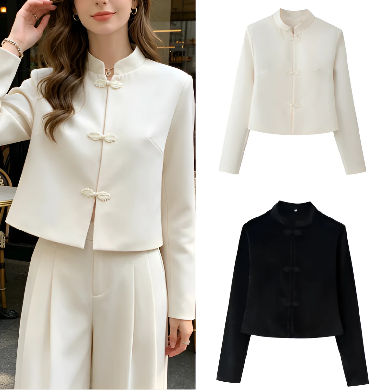 

Women Trendy Stand Collar Short Jacket Buckle Jacket 2026 Spring Summer Dinner Date Chinese Style Casual Short Coat
