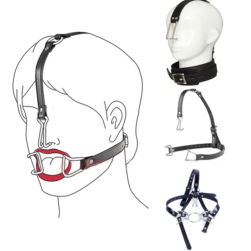 Nose Hook Oral Fixation Open Mouth Bite Gag with Nose Clip Sex Toys of Leather Head Bondage Harness Strap