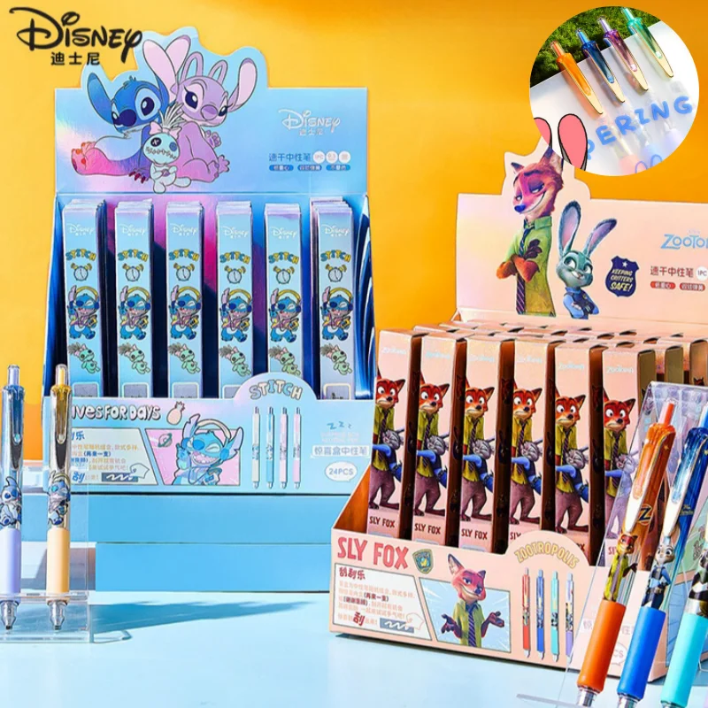 

24 шт., гелевая ручка Disney Stitch Zootopia, милая мультяшная ручка 0,5 мм, черная ручка для вывески, независимая упаковка, студенческие канцелярские товары, оптовая продажа
