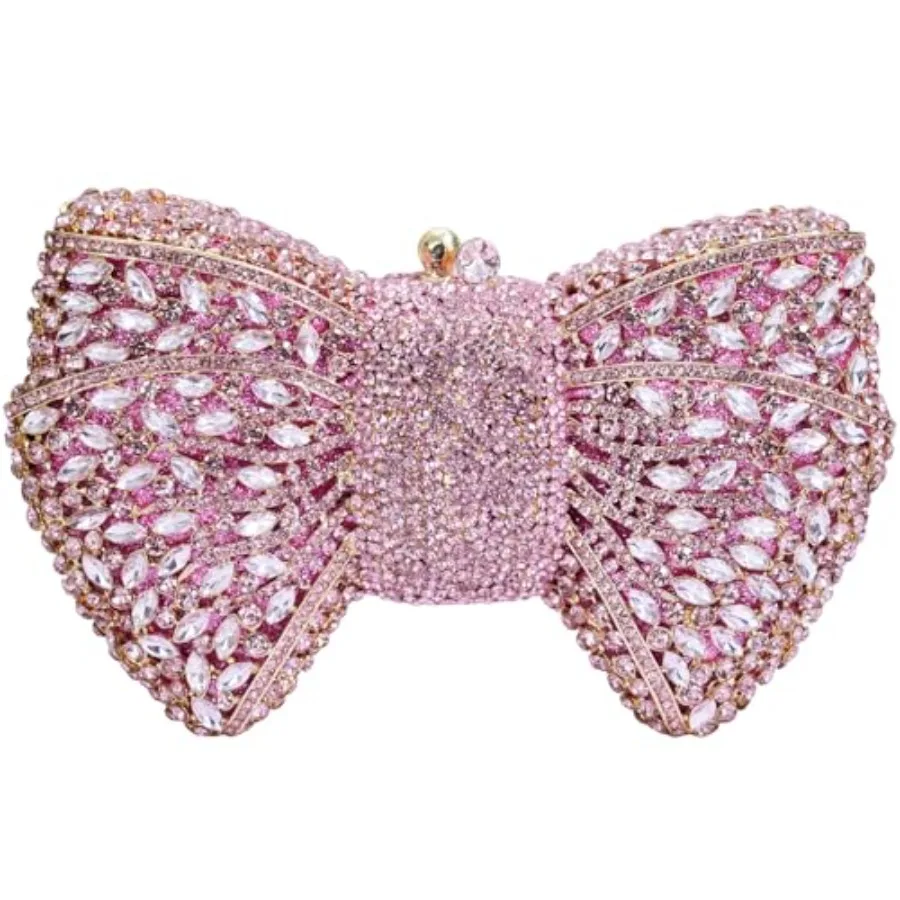 Handmade Inlay Rhinestone Bow Clutch Bag for Women, Sparkling Evening Party Wedding Purse with Detachable Pearl Chain