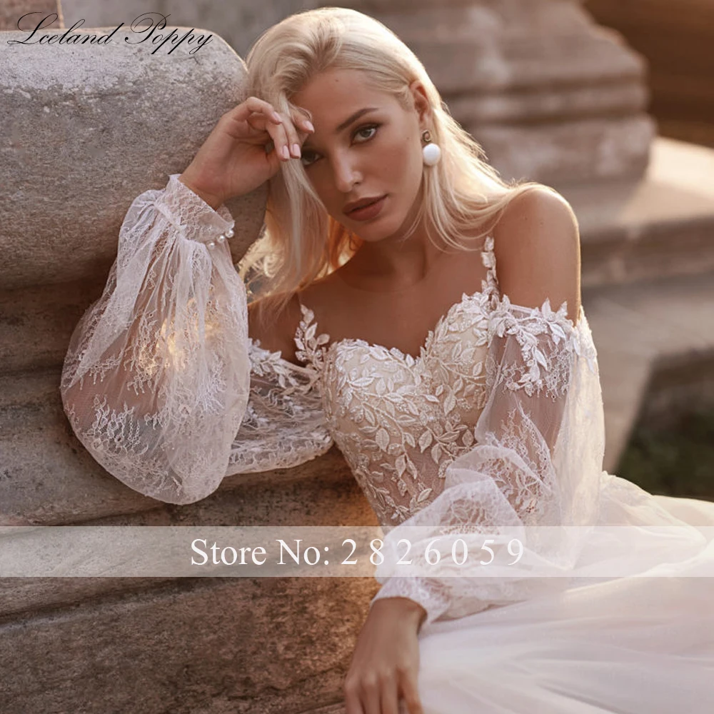 Lceland papoula personalizado uma linha colher pescoço vestido de casamento até o chão lanterna mangas rendas apliques glitter tule vestidos de noiva