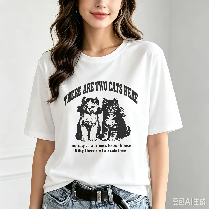 Women There Are Two Cats Here Graphic Tee Double Cat Text Modal Casual Cat Lover Daily Gift Top Vintage Streetwear
