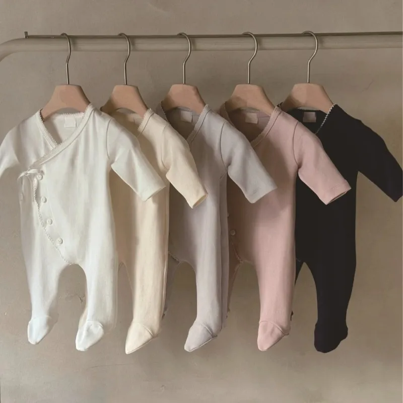 ZOETOPKID 2026 Autumn Baby Long Sleeve Foot Wrapped Romper Cotton Infant Boy Girl Solid Pantyhose Jumpsuit Newborn Clothes 0-24M