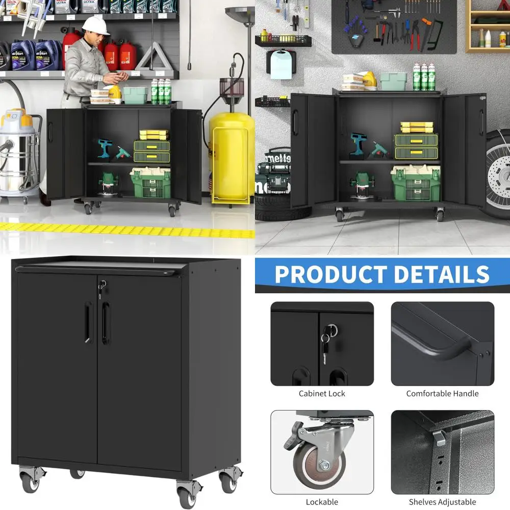 

Портативный металлический шкаф для хранения с замком, на колесах, с регулируемыми полками, черный