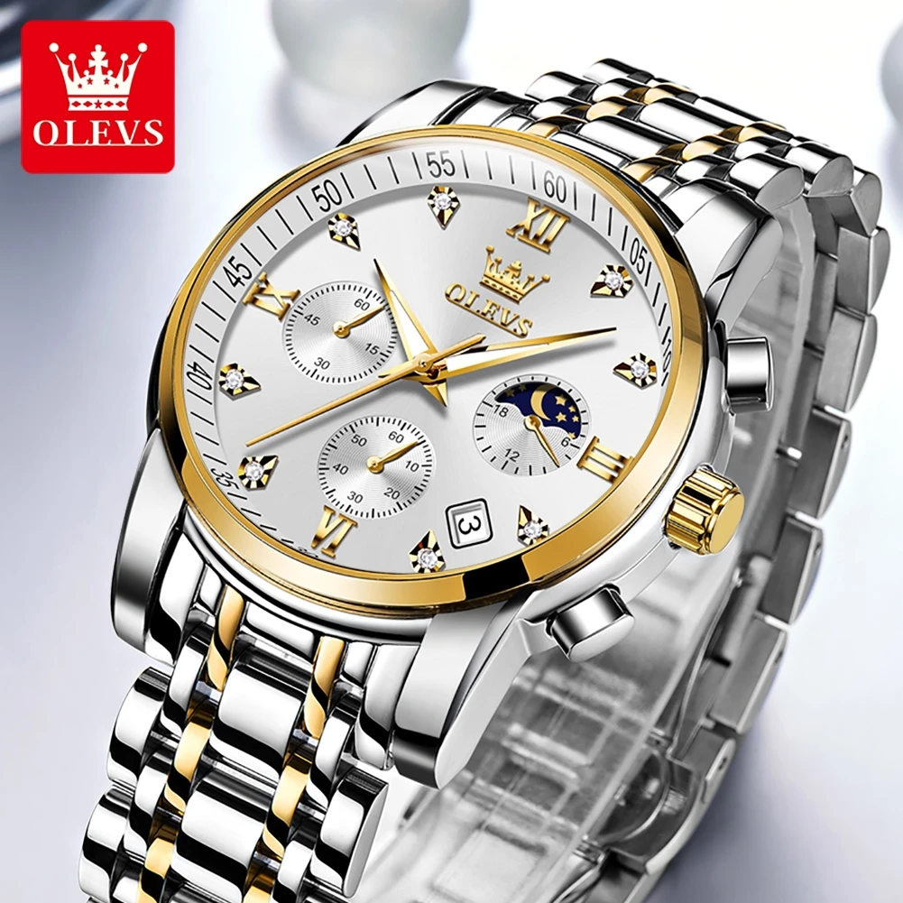 OLEVS Luxury Quartz Watch for Men Stainless Steel Waterproof Chronograph Sports Date Clock Moon Phase Original Men\'s Wristwatch