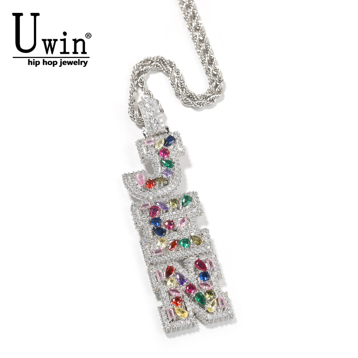 Uwin Custom Vertical Initial Letter Pendant Mixed Inlay Irregular Shape Cubic Zircon NamePlate Necklace Hiphop Jewelry
