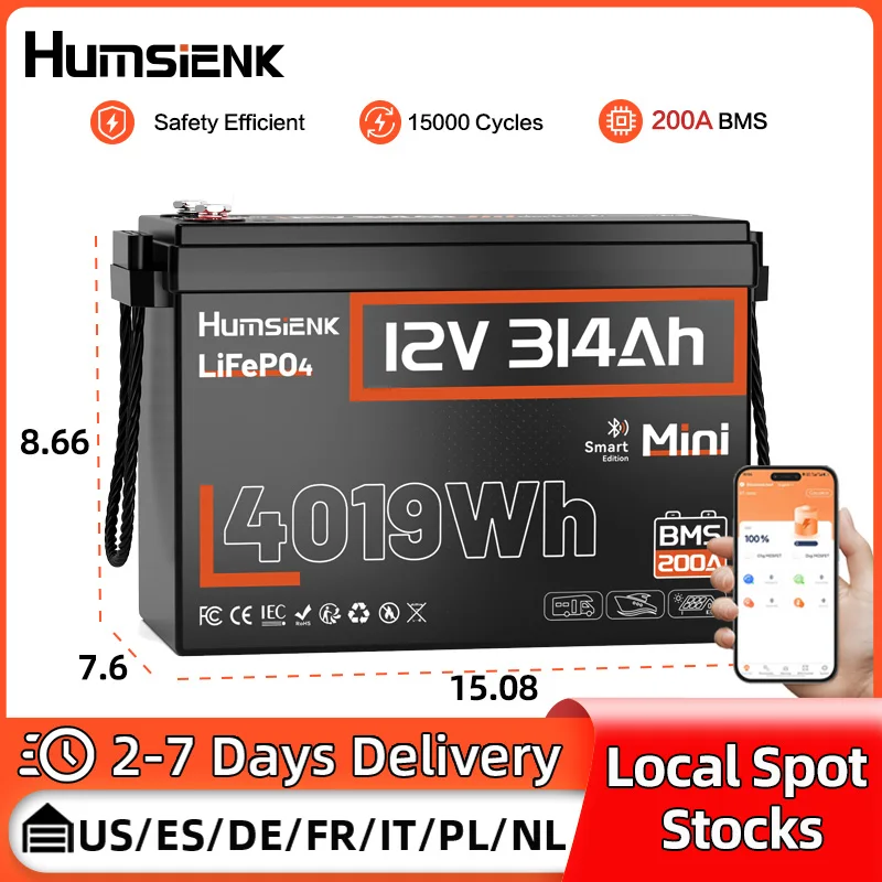 

Humsienk 12 В 300 Ач (314 Ач) Bluetooth LiFePO4 аккумулятор с 200 А BMS A + ячейками 1500 циклов Монитор в реальном времени для автодома/самохода/кемпинга