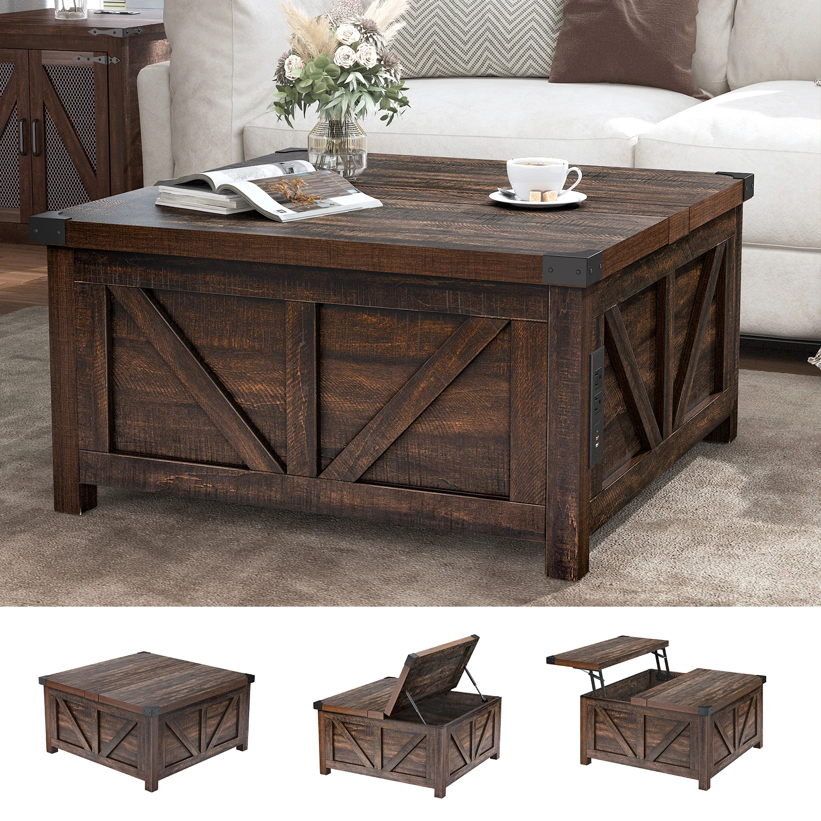 Farmhouse Lift Top Coffee Table, Mesa central da sala de estar com espaço oculto, Wood Square Center Table com estação de carregamento, Marrom