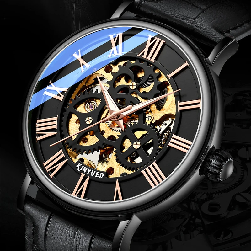 

KINYUED Brand Mechanical Watch Men Fashion Classic Skeleton Watches Men Leather Strap Waterproof Automatic Wristwatch Male Clock