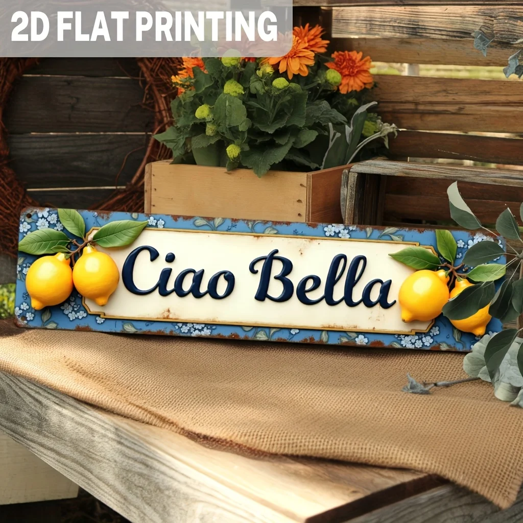 2D Flat, 1pc Ciao Bella Italian Farmhouse Lemon Wall Sign - Vintage Suitable for Outdoor/ Decor with Wood Frame, Blue Floral Bac