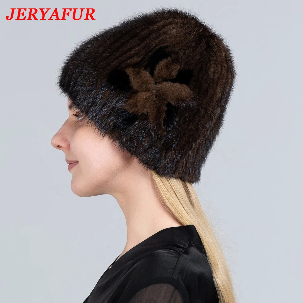 JERYAFUR Knitted Fur Hat Women Winter Warm Natural Mink Fur Hats Striped Stylish Beanie Hat