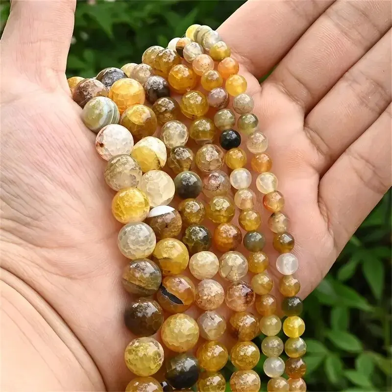 6/8/10mm Yellow Dragon Pattern Agate Beads for Jewelry Making, DIY Necklace Bracelet Accessories