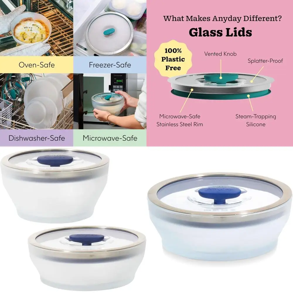 

Microwave and Storage Set with Stackable Glass Containers and Vented Lids for Steaming, Reheating, and Cooking