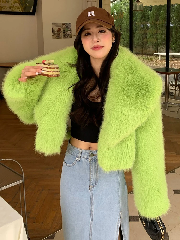 DEAT Fashion Women\'s Faux Fur Coat Lapel Loose Long Sleeve Fluorescent Green Thick Warm Imitation Fox Fur Jacket Winter 2024 New