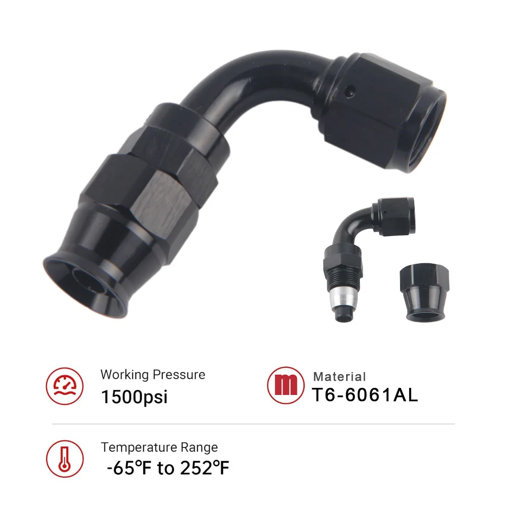 AN4/6/8/10 مستقيم 0 ° /45 ° /90 ° /180 °   درجة PTFE زيت الوقود قطب خرطوم نهاية تركيب خرطوم الزيت نهاية محول كيت أسود