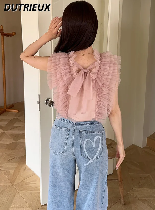 

Summer New Japanese Style Sweet Girls Solid Color Blouse Tulle Ruffled Bow Lace-up Top and Base Sling Vest Two-Piece Set