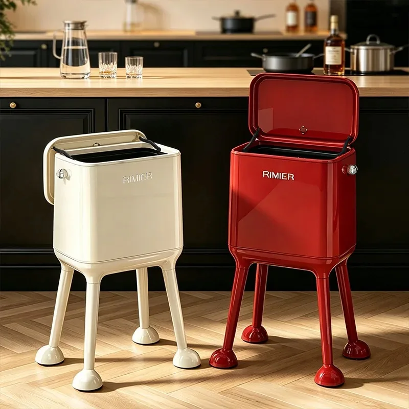 Kitchen Waste Bins High-legged Movable Double-bucket Large Capacity Waste Bins American Retro Modern Household Cleaning Tools