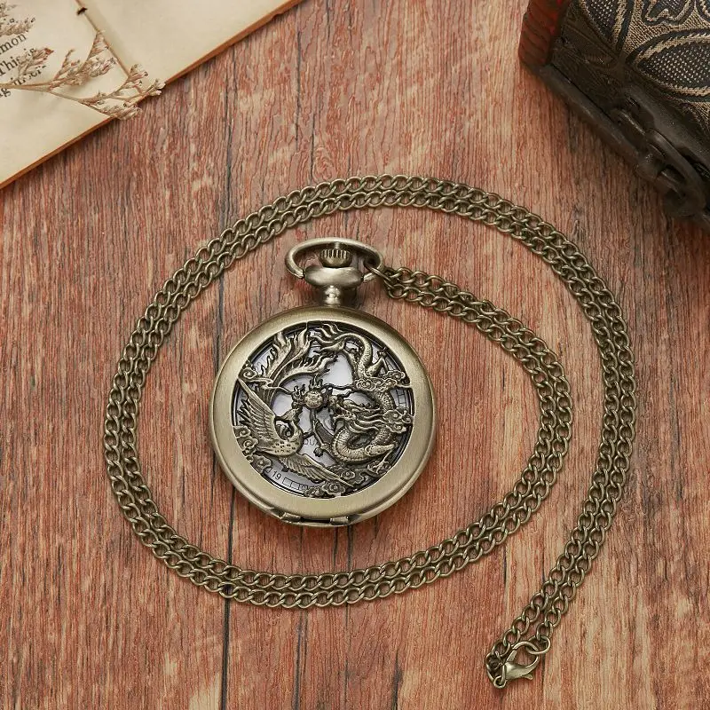 Double Dragons Playing with Beads Antique Bronze Men Hollow Quartz Pocket Flip Fob Clock Necklace Pendant Chain Relogio De Bolso