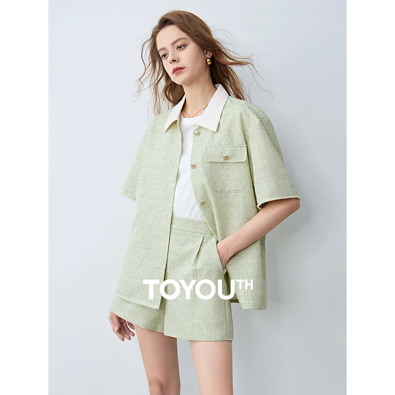 TOYOUTH Women Short Sleeve Shirt Two-piece Set 2024 Summer New Green Office Lady Working Sets