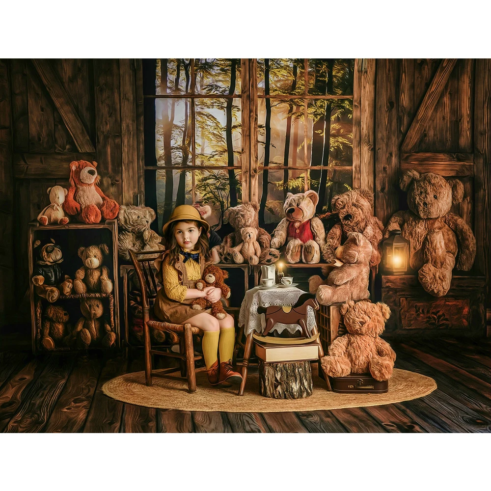 Bear Doll Decoration Photo Background Rustic Forest View Toy Room Photography Backdrop Cloth Kids Portrait Photo Studio Props