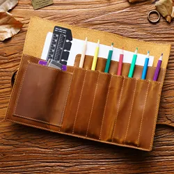 AIGUONIU Cowhide Pen Curtain Crazy Horse Cowhide Pen Bag Male/Female Simple Retro Style Multifunctional Storage Pencil Bag