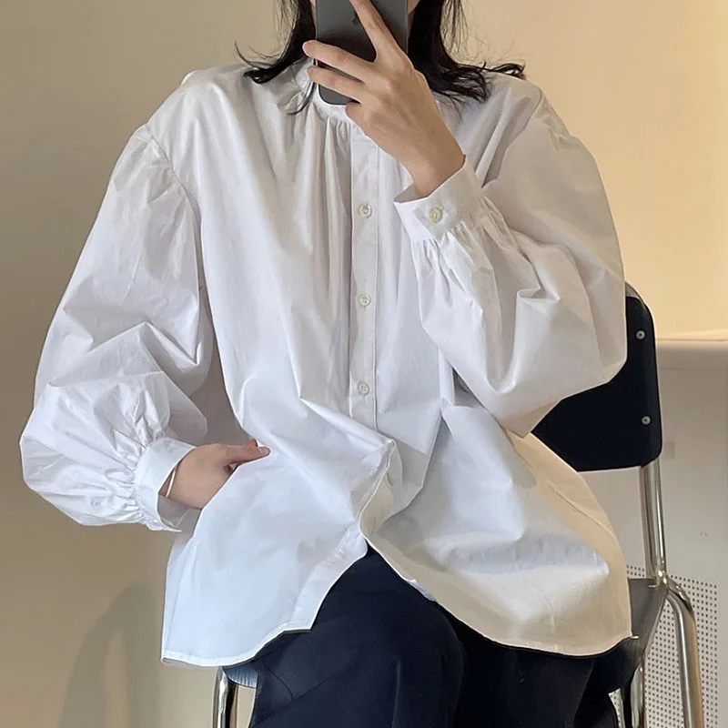 Schickes, einfaches Stehkragen-Einzelknopf-loses Laterne Sve Color irt Damen Faion Autumn Pink Vielseitiges Top