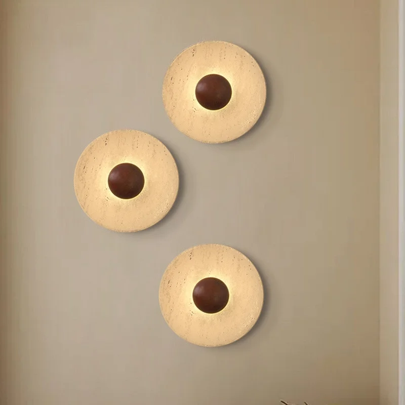 Nordic Round Corridor Sconce Light Stone Material And Wood Shade Home Decoration Lustre Hotel Theme Room Wall LED Light