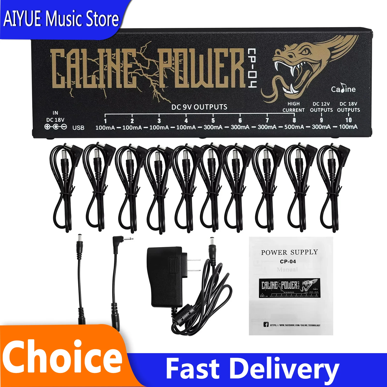 Caline Guitar Pedal Power Supply CP-04 10 Isolated Outputs 9V/12V/18V Short Circuit /Overcurrent Protection Effect Power Supply