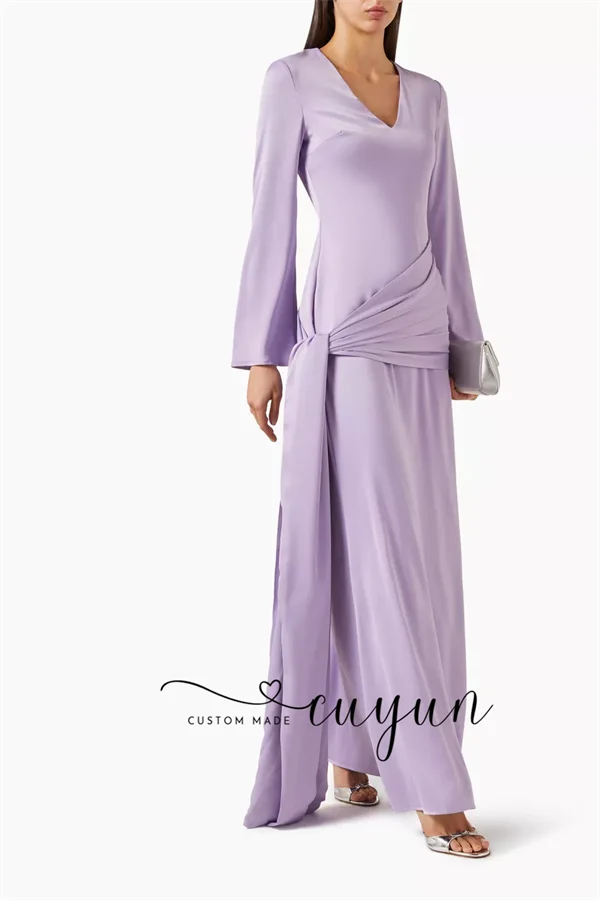 CUYUN Customized Scarf-style Purple Evening Dress Wedding Guest Wear V-Neck Long Sleeves Party Gown Formal Event Dresses Prom