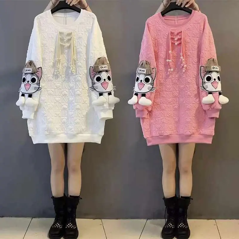 Spring Autumn 2023 Casual Loose Pearl Three-dimensional Decoration Pullovers Chic Cat Pasting Cloth Female Korean Sweatshirts