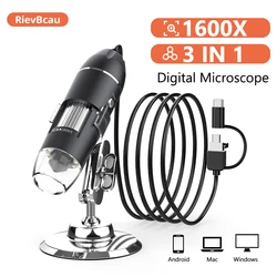 RIEVBCAU 1600X Microscopio digitale 3in1 Tipo C USB Microscopio elettronico professionale con lente d'ingrandimento per fotocamera con zoom per endoscopio a 8 LED