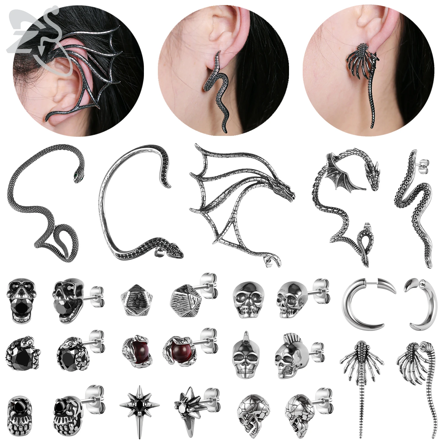 

ZS 1-2pcs/lot Punk Snake Dragon Shape Stainless Steel Stud Earrings For Men Women Skeleton Ear Cuff Earring Vintage Jewelry Gift