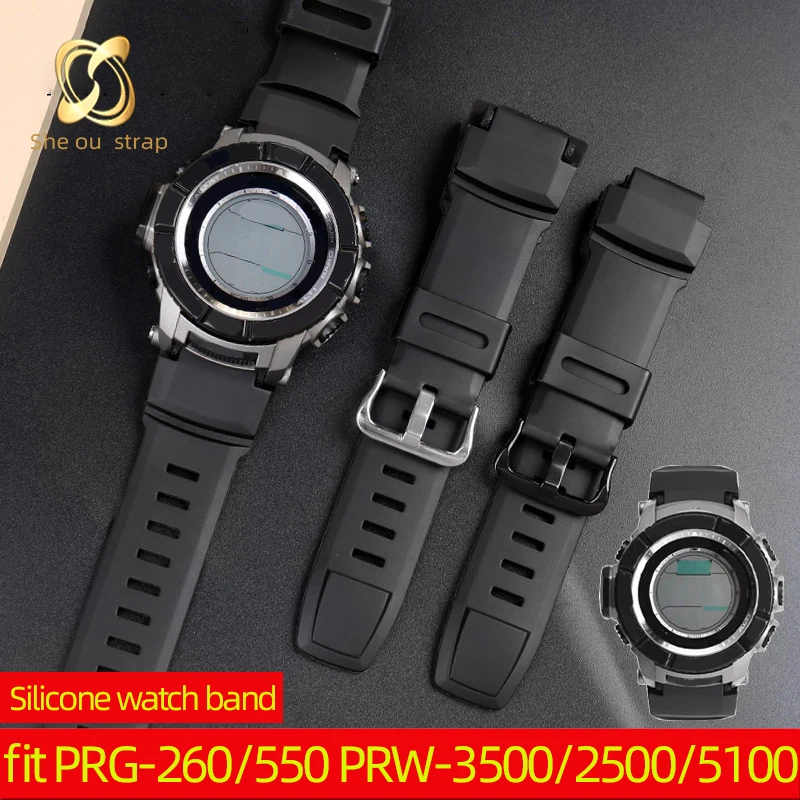 Silica Gel Watch Band For Casio PRG-260/500 PRW-3500/2500 Waterproof  Black 18mm Convex Joint  With Men's band