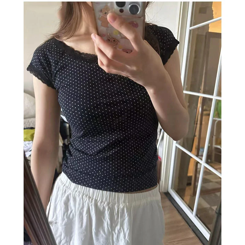 Women Black Polka Dot Lace Lace Crop Top 2024 Summer O-neck Short Sleeve Waffle T-shirt Female Sweet Cute Preppy Chic T-shirt