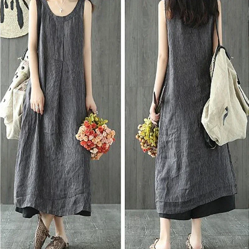 2024 Summer Women Clothing Sleeveless O-neck Loose Long Dresses for Women