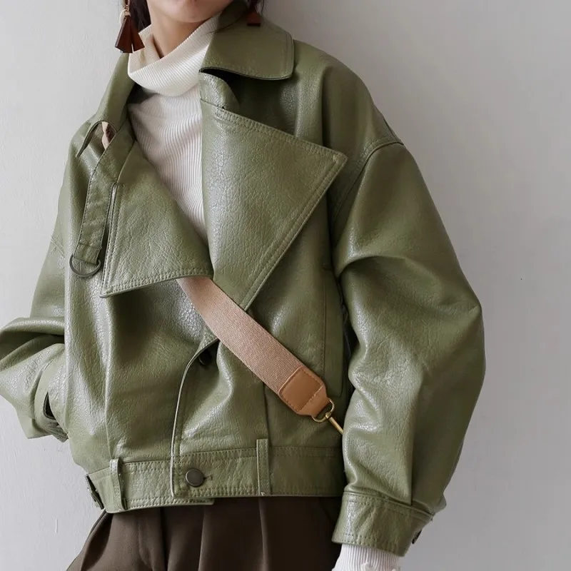 

Avocado Green Small Leather Jacket Women's 2024 Autumn And Winter New Loose Leather Jacket Motorcycle Short Jacket