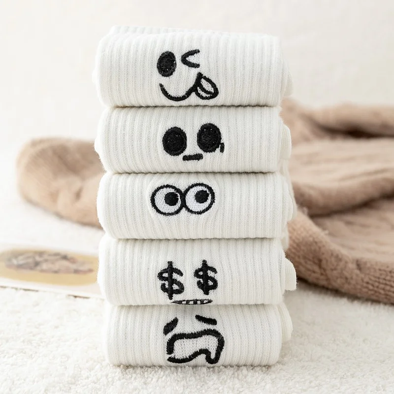 3/ 5 Pairs Women's Cartoon Socks Autumn Girls Cute Funny Expression Pattern Mid Tube Kawaii Casual Breathabl White Female Socks image 3