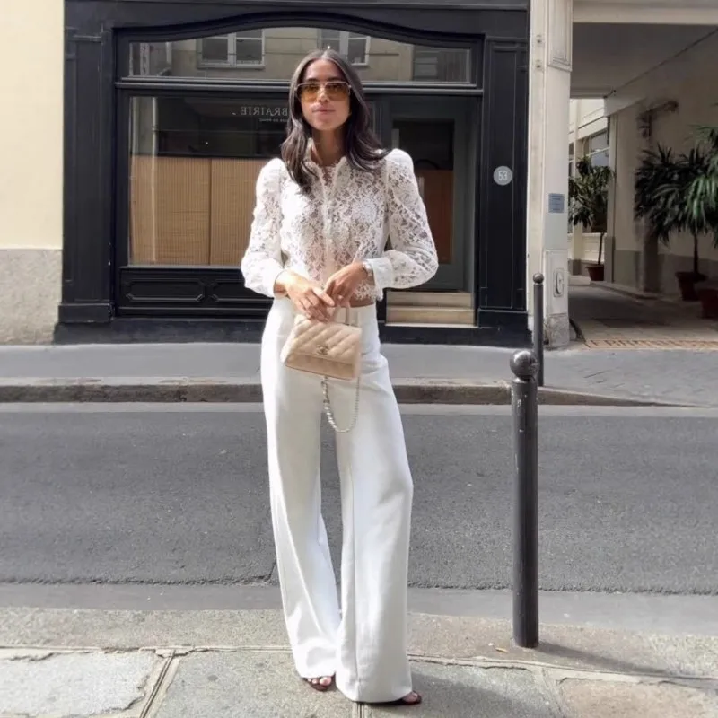 Sexy doorzichtig kanten shirt voor dames Elegant kantoor wit overhemd Lange mouw Turn-down kraag Holle tops Dameskleding