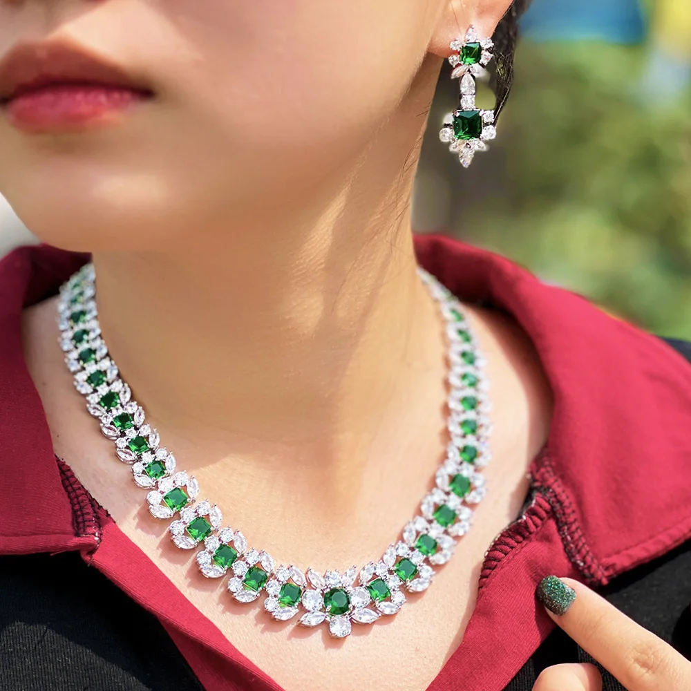 Pera Beautiful Green Wreath Flower Shape CZ Crystal Dubai Necklace Jewelry Sets for Women Wedding Brides Dress Accessories J374