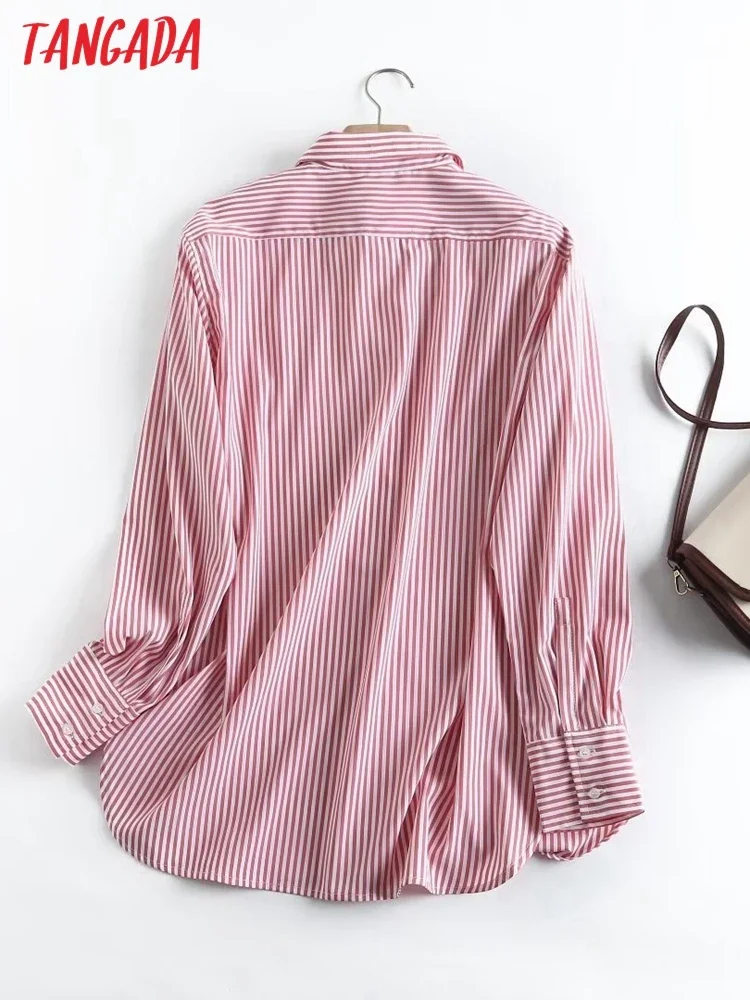 Tangada 2023 women striped print shirt blouse long sleeve chic female office lady loose tops 4C162