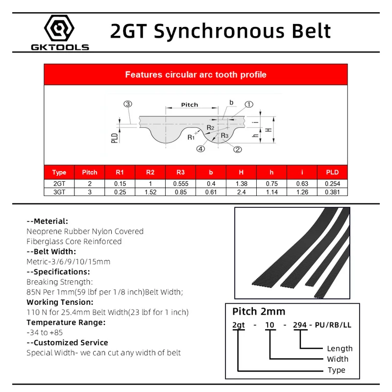 GKTOOLS-Open Synchronous correia dentada para impressora 3D, borracha Samll Backlash, 2M, 2GT, 2GT, 2M, 2GT, largura 6mm, 9mm, 10mm, 15mm