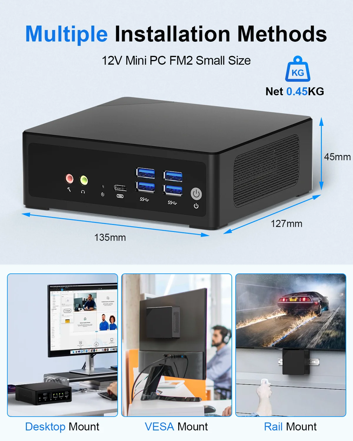 HYSTOU Fanless Industrial Mini PC Intel i3-N150 Business Computer with 2*RJ45 HDMI DP Type-C