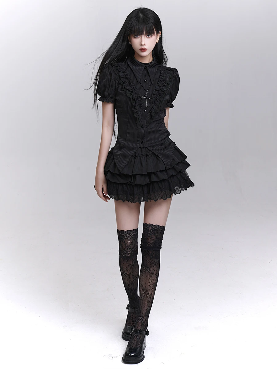 Ghost Girls Gothic Black Women Short Sleeve Blouse Light Lolita Subculture Short Puff Sleeve Lace Patch Slim Blusa Shirt Tops