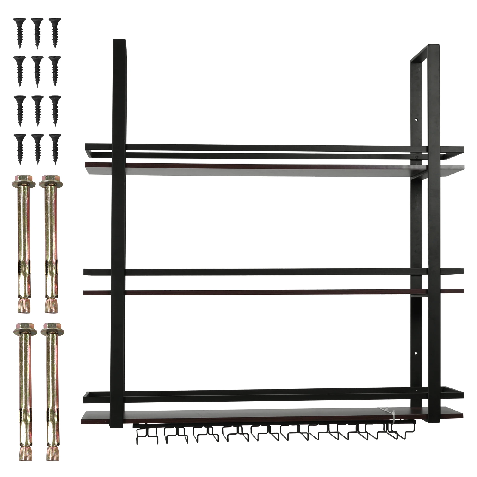 

Трехуровневые настенные полки для бутылок с алкоголем, металлические подвесные с держателями для стаканов, для дома, кухни, столовой, кофейни