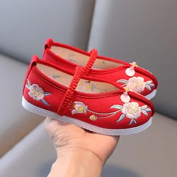 Chinese Style Embroidered Shoes for Girls Cotton Cloth Shoes Red Pink White Children New Year Shoes Flat Kids Princess Shoes