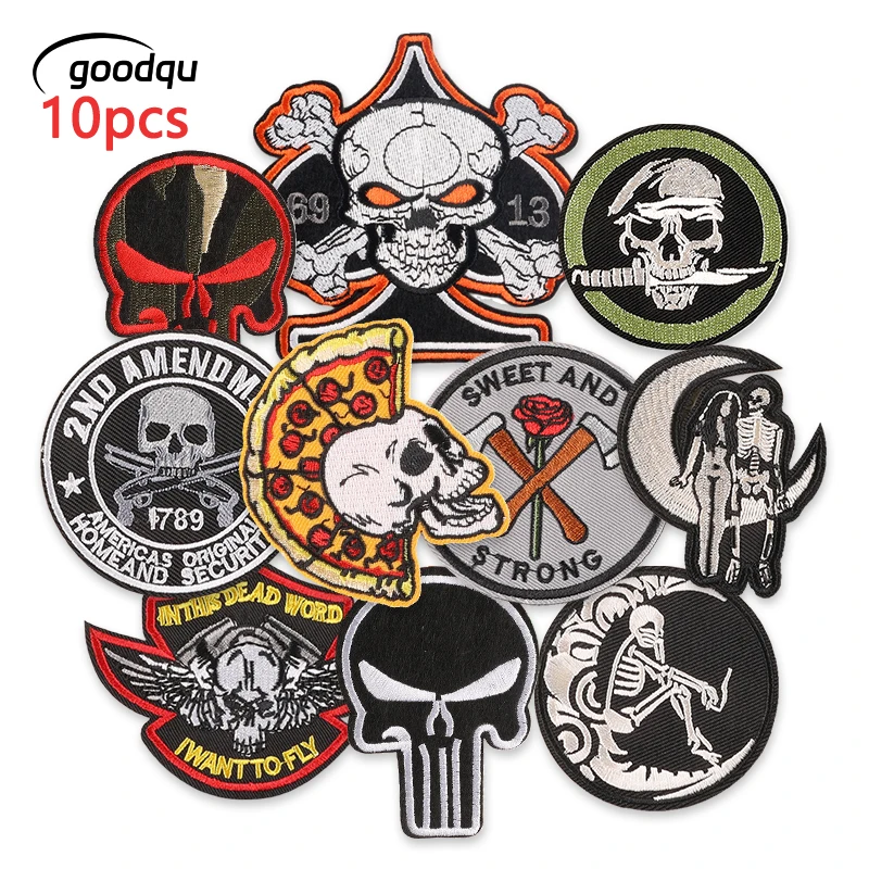 10pcs Skull Patches For Clothing Iron On Embroidered Jackets Sewing Fabrics Outdoor Lot Pack Diy Thermal Pizza Parches Badges