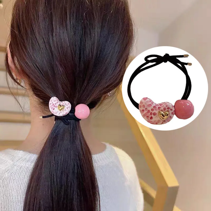 Black Powder Love Hair Ties Headband Women's 2025 New High-elastic and Durable Heart Rubber Band Hair Rope New Headwear