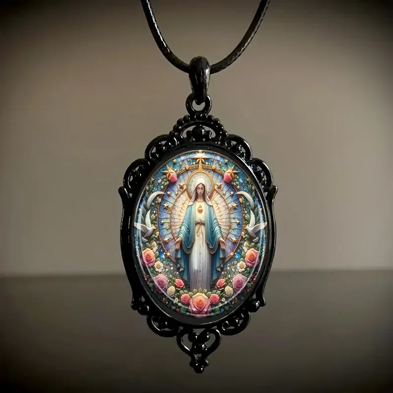 Fashion 1pc Fashion Elegant Virgin Mary Pattern Glass Necklace In Black Frame, Romantic Jewelry GiftAnniversary Party Gifts Jewe